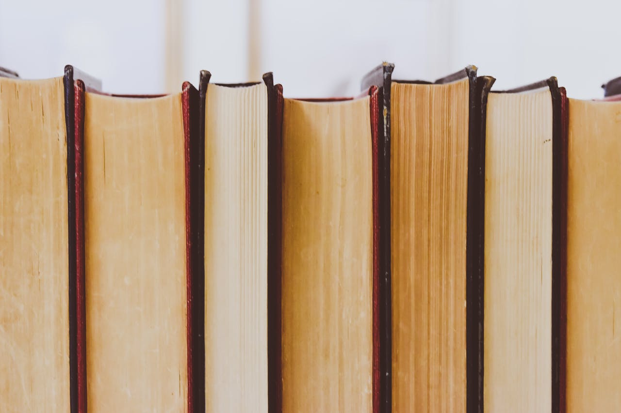 Close-up view of vintage book bindings in a library setting.